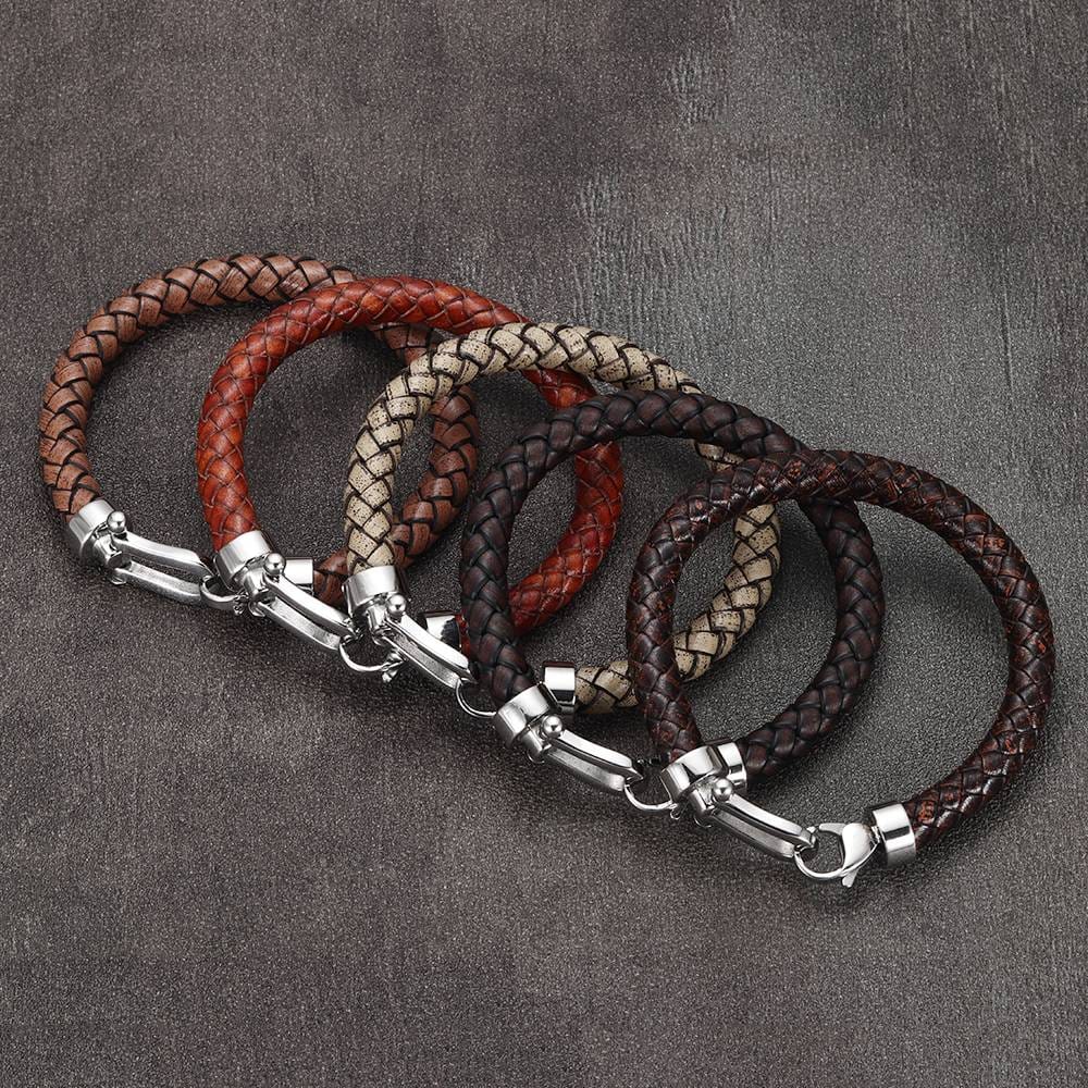Men's Braided Leather Bracelet with Lobster Claw Clasp Light Khaki 22cm