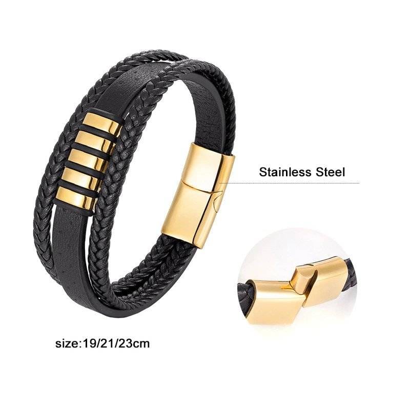 Multilayer Black Leather Bracelet with Stainless Steel Magnetic Clasp