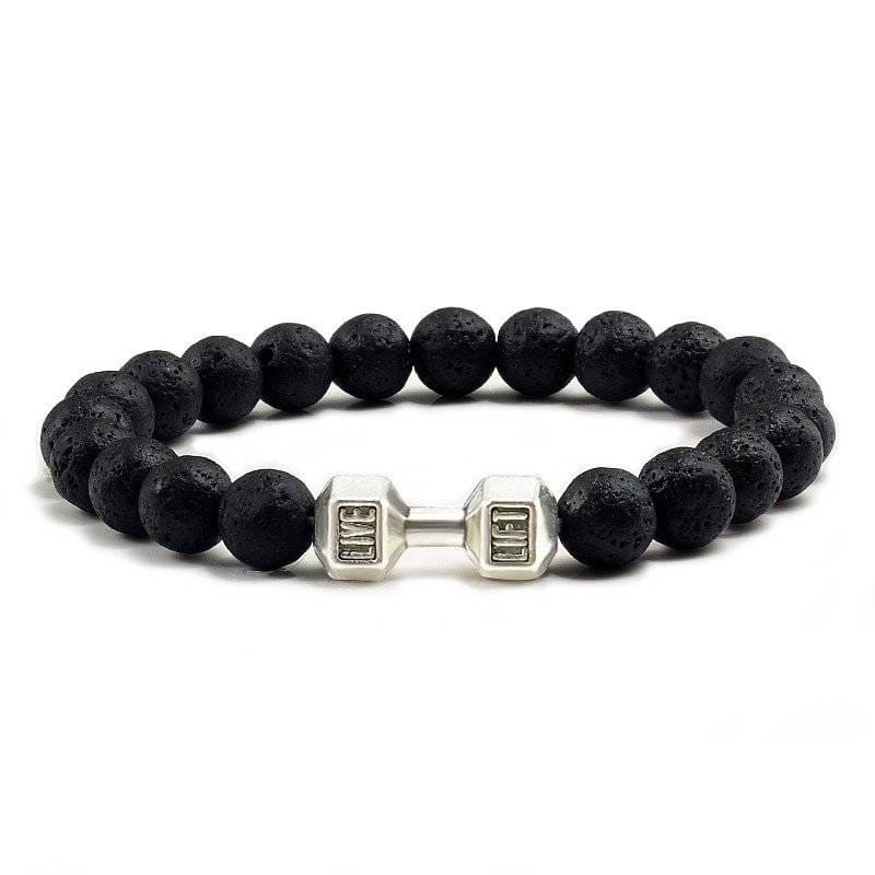 Lava Stone Bracelet with Dumbbell Metal Color: Silver
