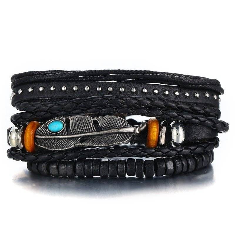 3-Piece Bracelet Set with Feather Charm - Black