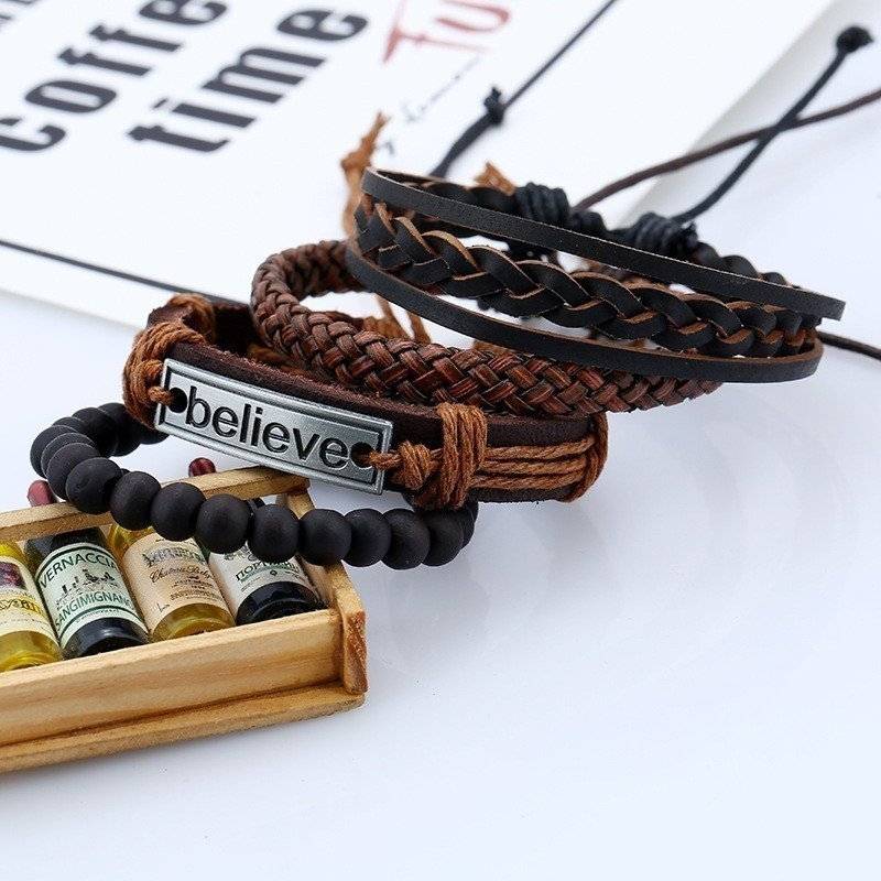 4-Piece Bracelet Set with Believe Metal Plaque