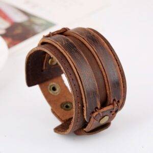 Men's Wide Leather Bracelet with Snap Button Clasp