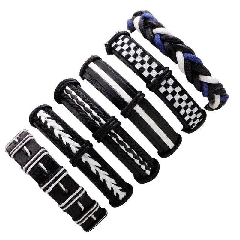 6-Piece Black and White Lace Up Bracelet Set