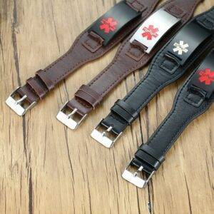 Wide Leather Medical ID Bracelet for Men