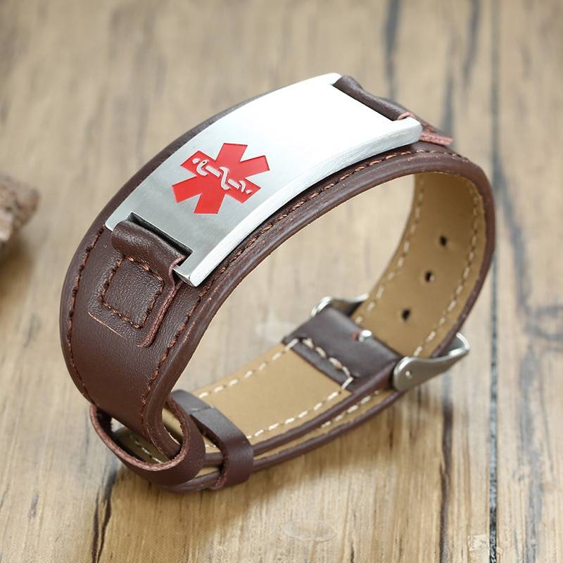 Wide Leather Medical ID Bracelet for Men