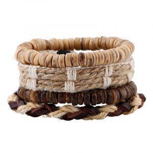 4-Piece Bracelet Set with Coconut Shell Beads - Brown - Beige