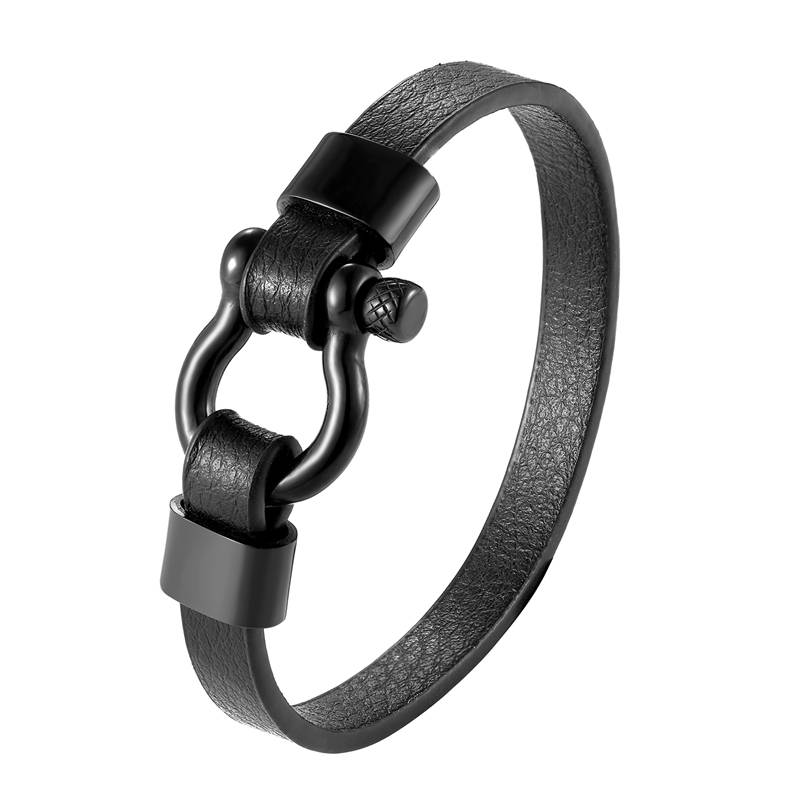Mens Unique Black Braided Leather Stainless Steel Horseshoe Buckle Bracelet Cuff 