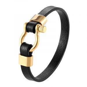 Men’s Simple Leather Bracelet with Horseshoe Buckle Metal Color: Gold Length: 23cm 