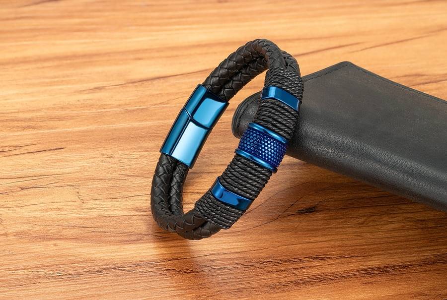 Mens Double Layer Braided Leather Bracelet With Adjustable